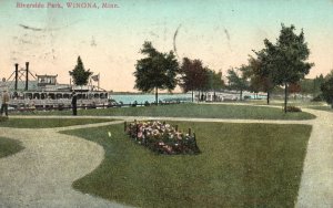 Riverside Park Picnic Area Ocean Boats WINONA Minnesota MN Vintage Postcard 1909