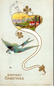 Postcard Birthday Greetings bird and scenic view Julius Bien 850