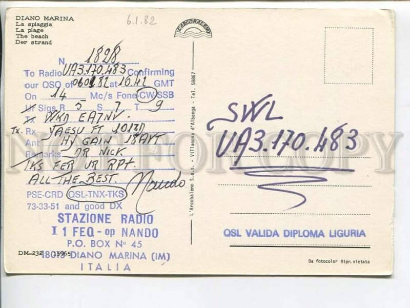 464574 1982 year Italy Diano Marina radio QSL card to USSR