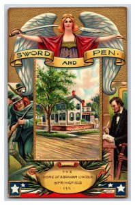 Abraham Lincoln Home Sword and Pen Springfield IL Embossed  UNP DB Postcard U15