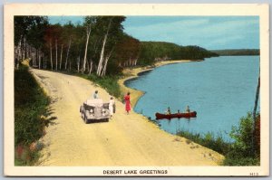 Postcard c1955 Postmarked Hartington Ontario Desert Lake Greetings Old Car Canoe