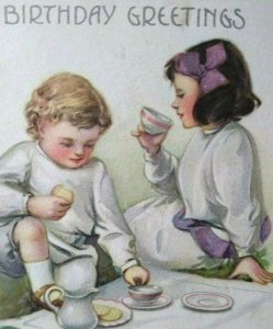 Birthday Postcard Children Drinking Tea Series 104 Unused Vintage Original