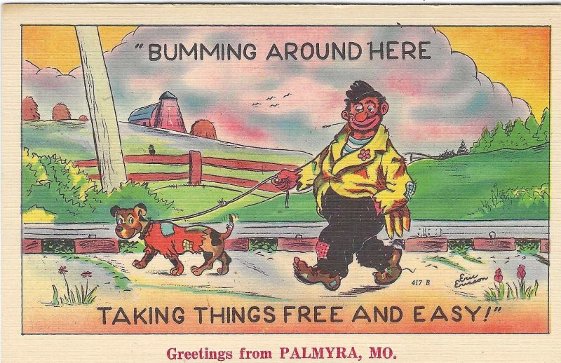 1940's Greetings from Palmyra, MO Missouri Artist Signed Cartoon Linen Postcard