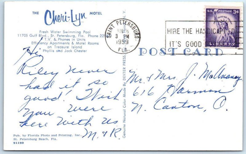 ST. PETERSBURG, Florida  FL   Roadside CHERI-LYN MOTEL  1949   Postcard