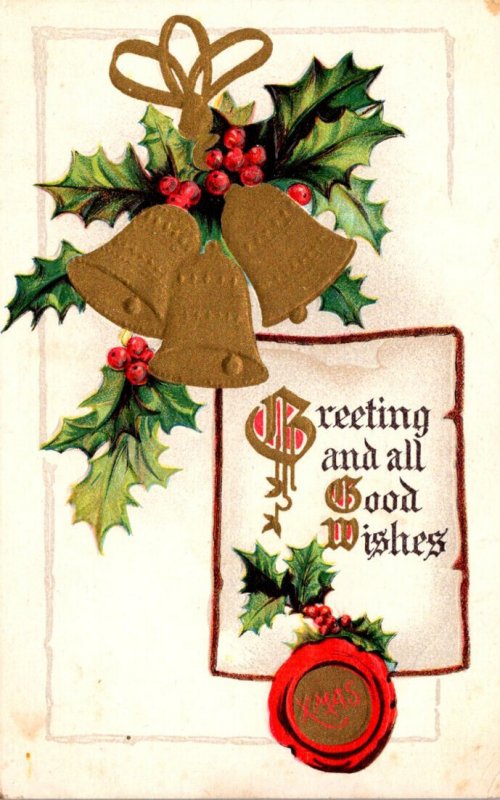 Christmas With Gold Bells and Holly 1909