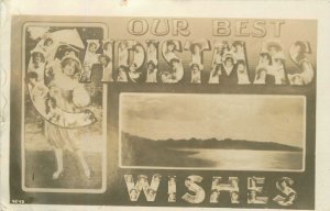 Postcard RPPC 1908 Our Best Christmas Wishes Women's Heads lake 23-12063