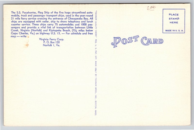 Norfolk Virginia~SS Pocahontas Automobile & Passenger Transport~Vintage Linen PC
