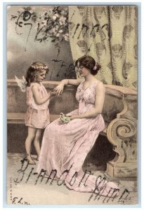 1907 Greetings From Woman Child Wings Scene Brandon Minnesota Vintage Postcard