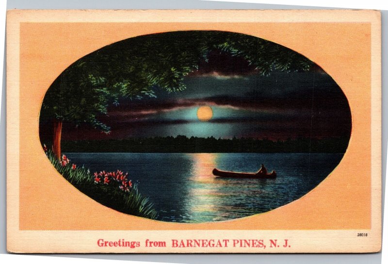 Postcard NJ  Barnegat Pines - Greetings - Moonlight person canoe NYCE 28023
