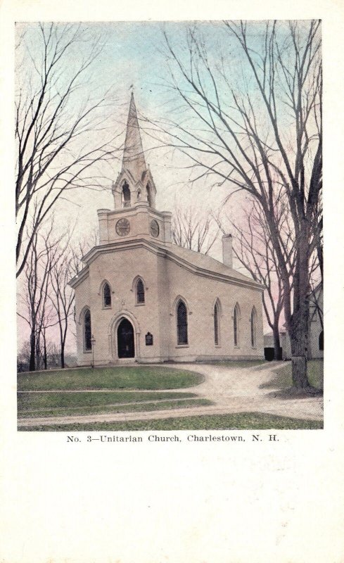 Vintage Postcard Unitarian Church Religious Building Charlestown New Hampshire