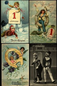 New Year Greetings 4 German cards used early 20th cent. Very Fresh