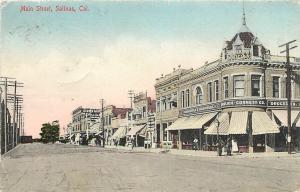 Hand Colored Postcard Main Street Salinas CA Monterey County DPO2 Skaggs CA 1910