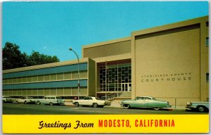 Modesto CA-California, Greetings, Stanislaus Country Court Building, Postcard