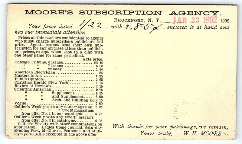 1902 MOORE'S SUBSCRIPTION AGENCY MAGAZINE NEWSPAPER PRIVATE MAILING CARD P721