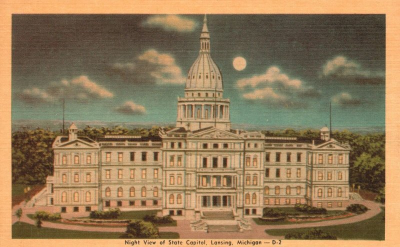 Night View State Capitol Building Lansing Michigan Vance Photo Vintage Postcard