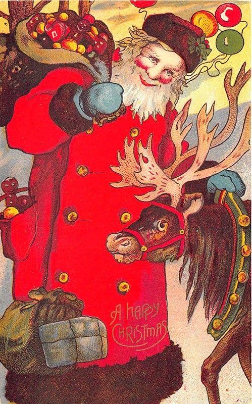 Christmas Santa Claus Hill with His Bag Reindeer Embossed Postcard