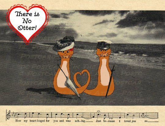 Set of 6 featuring Illustration, Otters in a Romantic Vintage Postcard Scene