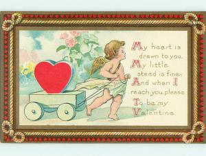 Unused Divided-Back valentine CUPID HAULS HEART ON TOY WAGON v2106