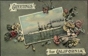 US Naval Ship USS Connecticut - California Greetings c1910 Postcard