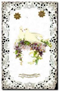 Old Postcard Fantasy Flowers Doves Embroidery