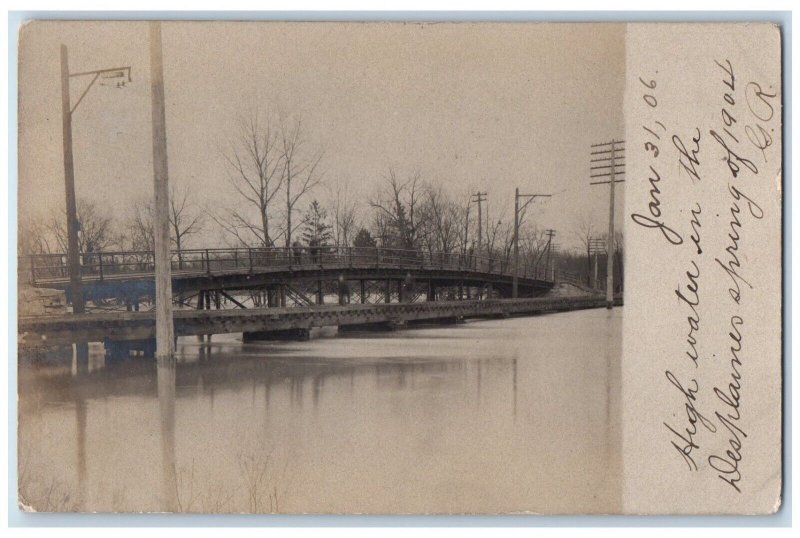 1906 Flood Bridge Des Plaines River Chicago Illinois IL RPPC Photo Postcard 