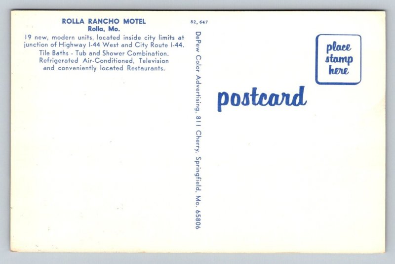 Rolla Rancho Motel   Rolla  Missouri  Postcard