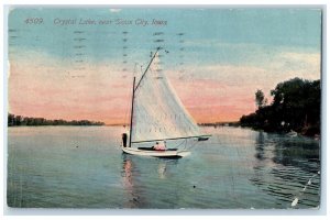 1914 Crystal Lake Near Sioux City Iowa IA, Sailboat Scene Antique Postcard