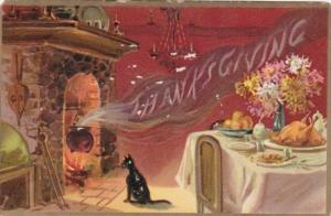 Thanksgiving Black Cat Gazing Into Fireplace Tucks