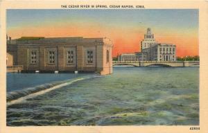 Cedar Rapids Iowa~Cedar River in Spring~Power House~1945 Postcard
