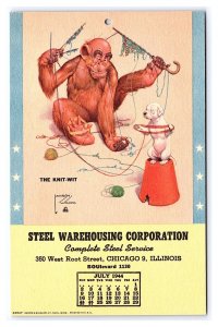 July 1944 Monkey Calendar Postcard Steel Warehouse Corporation Chicago Illinois