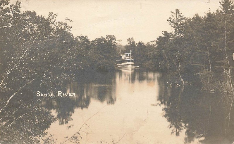 Brandy Pond Into The Songo River ME Steam Boat, Real Photo Postcard