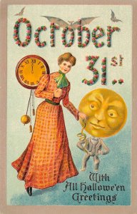 October 31st Woman & Moon Head Man W/ Clock & Bats, Embossed, PC U10828