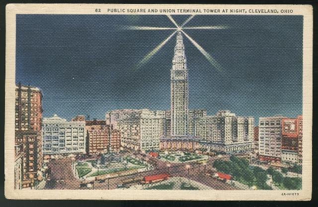 Cleveland OH Public Square and Union Terminal Tower at Night Curteich Linen 1937