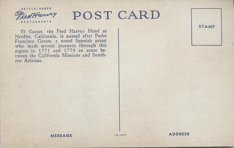 El Garces, Fred Harvey Hotel, Needles, California, Early Linen Postcard, Unused