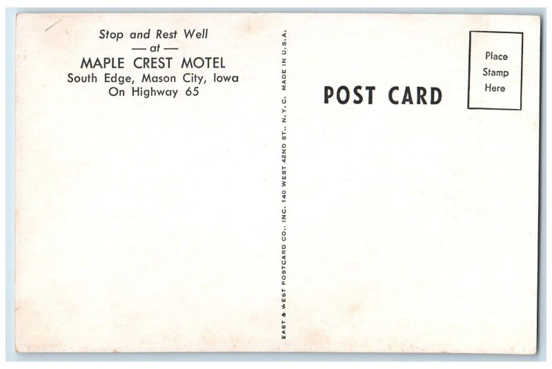 c1920's Maple Crest Motel Inn Classic Car Signage Mason City Iowa IA Postcard