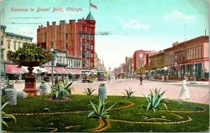 Vtg Postcard 1909 Entrance to Drexel Blvd Chicago, Illinois Street View Trollies