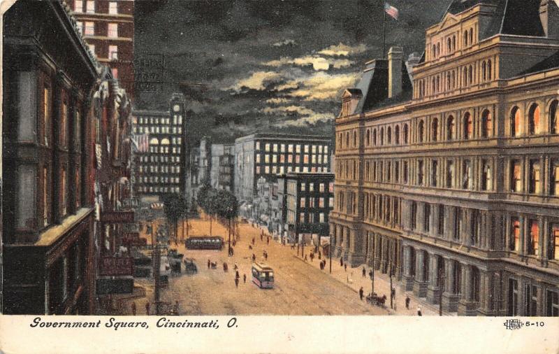 Cincinnati Ohio~Government Square Night Lights~Full Moon~Trolley~IPCC 5-10~1908 
