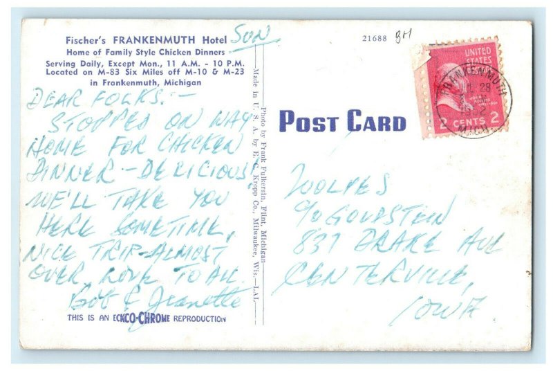 c1940s Fischer's Frankenmuth Hotel Chicken Dinners MI Advertising Postcard