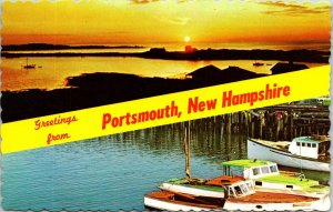 Greetings Portsmouth New Hampshire Dual View Sunrise Isle Shoals Boats Postcard  