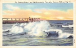 Michigan City Indiana~Crashing Waves~Foghorn & Lighthouse~Colorful Sky~1933 Pc