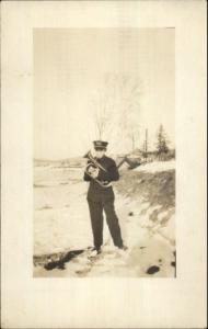 Young Boy in Uniform w/ Flugel or Baritone Horn Music Instrument c1910 RPPC #1