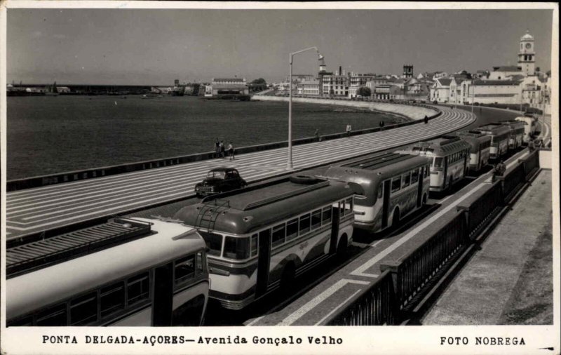 Azores Ponta Delgada Line Up of Buses Bus Real Photo Postcard