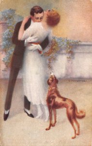 Love Romance Couple Kissing Dog Cocker Spaniel Art by C Monestier postcard C327