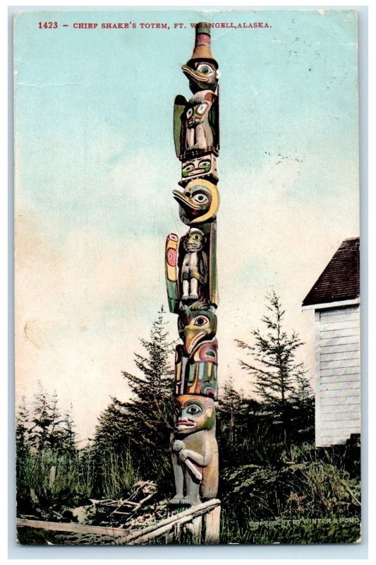 1908 Chief Shake's Totem Scene Fort Wrangbell Alaska AK Posted Vintage Postcard