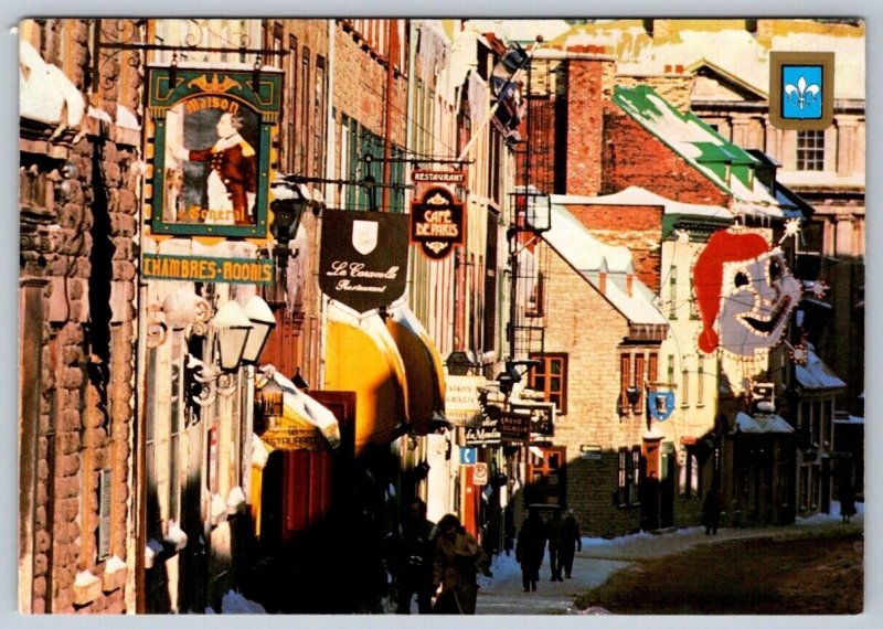 Rue St Louis Street, Quebec City, 1987 Chrome Postcard, Bonhomme Carnival Lights