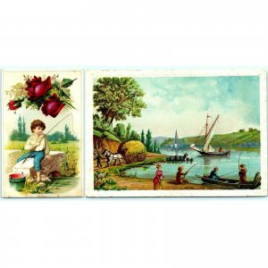 c1900s Fishing Sail Boat Little Boy Woman Rose Victorian Trade Card LOT of 2 C40