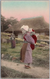 Vintage Hand-Tinted Japanese Postcard Woman Carrying Baby Traditional Dress H81