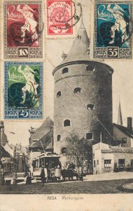 Latvia Riga Powder Tower and tramway TCV stamps 1920 postcard