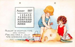 AUGUST CALENDAR POEM SANDCASTLE AT BEACH CHILDREN EMBOSSED POSTCARD (1927)