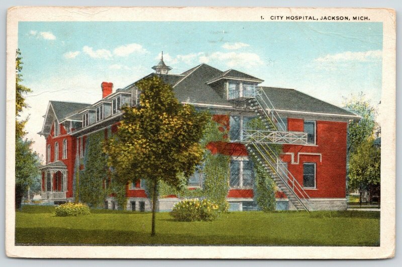 Jackson Michigan~Fire Escapes & Landing on Side of City Hospital~1921 Postcard 